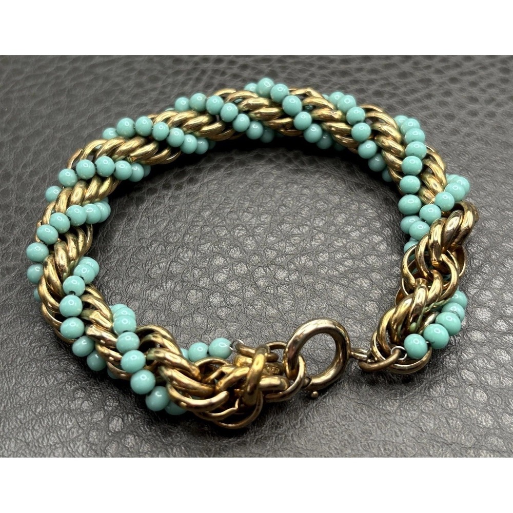 Vintage Faux Turquoise Blue Beads Thick Wide Rope Chain Bracelet Twisted 8.5"